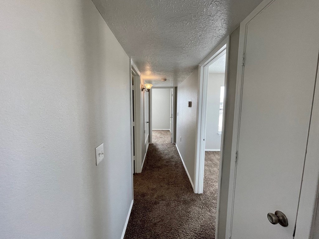 A hallway with a carpeted floor and white walls.